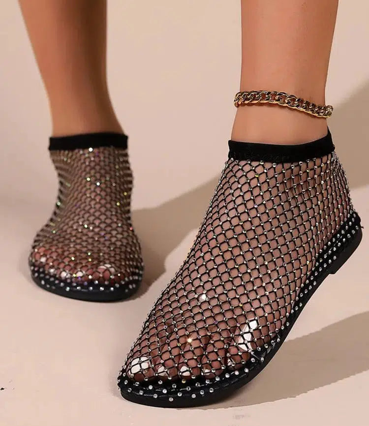 Y2K Rhinestone Fishnet Ballerina Flats - Retro Style Y2K Shoes for Trendy Outfits