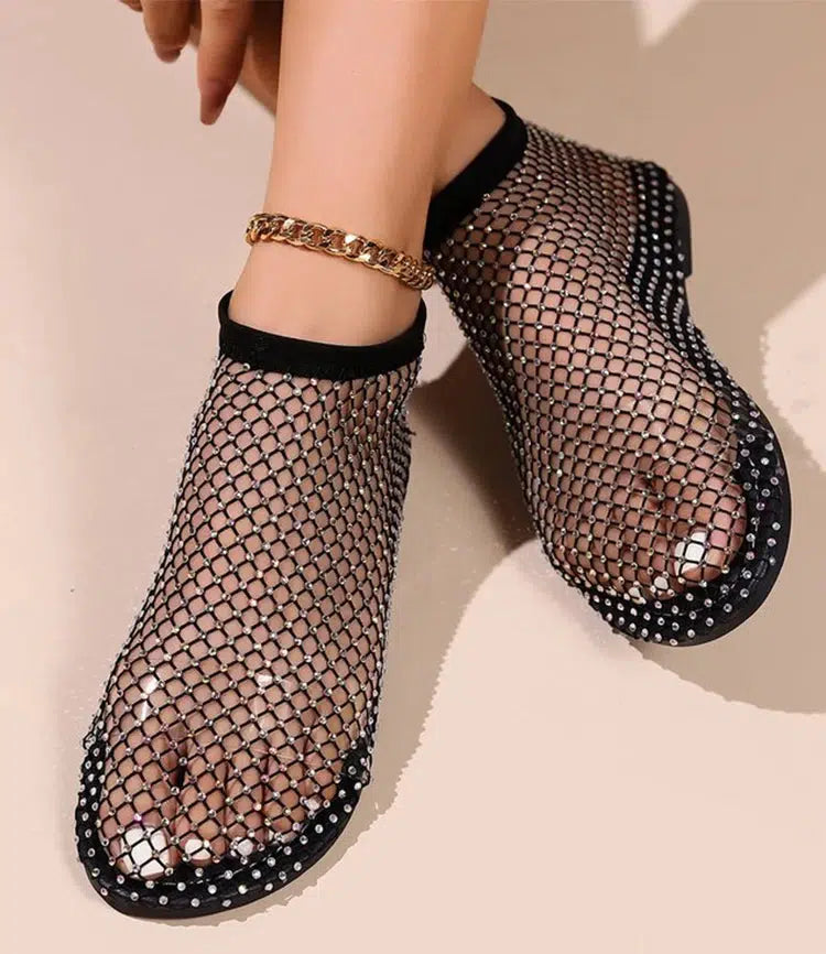 Y2K Rhinestone Fishnet Ballerina Flats - Retro Style Y2K Shoes for Trendy Outfits
