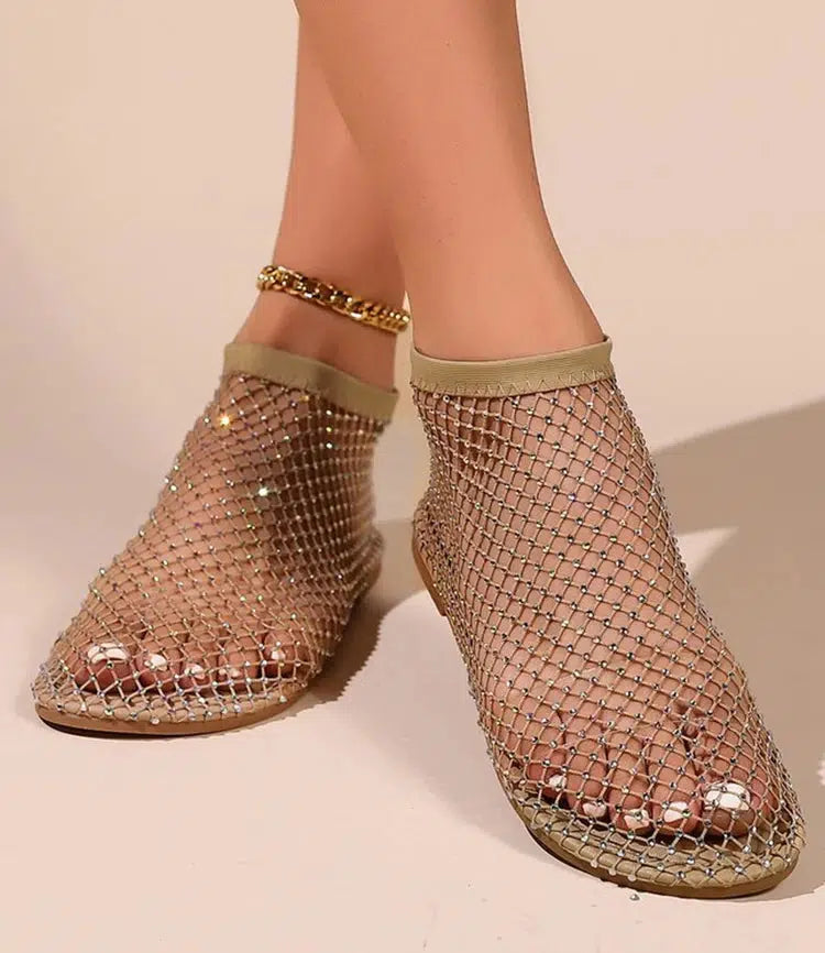 Y2K Rhinestone Fishnet Ballerina Flats - Retro Style Y2K Shoes for Trendy Outfits