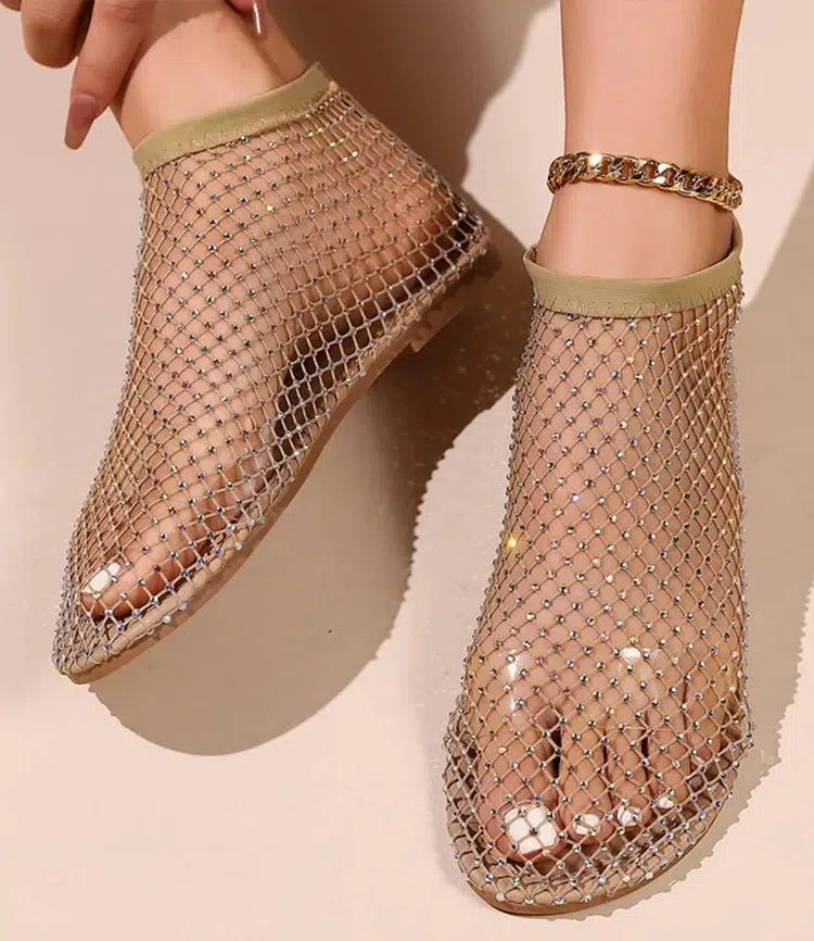 Y2K Rhinestone Fishnet Ballerina Flats - Retro Style Y2K Shoes for Trendy Outfits