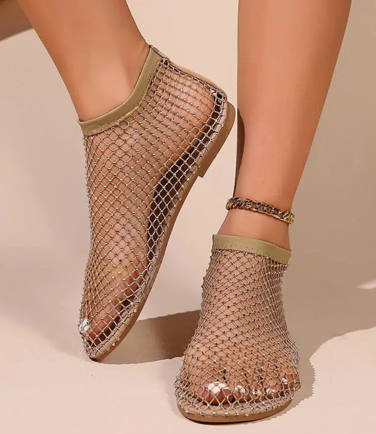 Y2K Rhinestone Fishnet Ballerina Flats - Retro Style Y2K Shoes for Trendy Outfits
