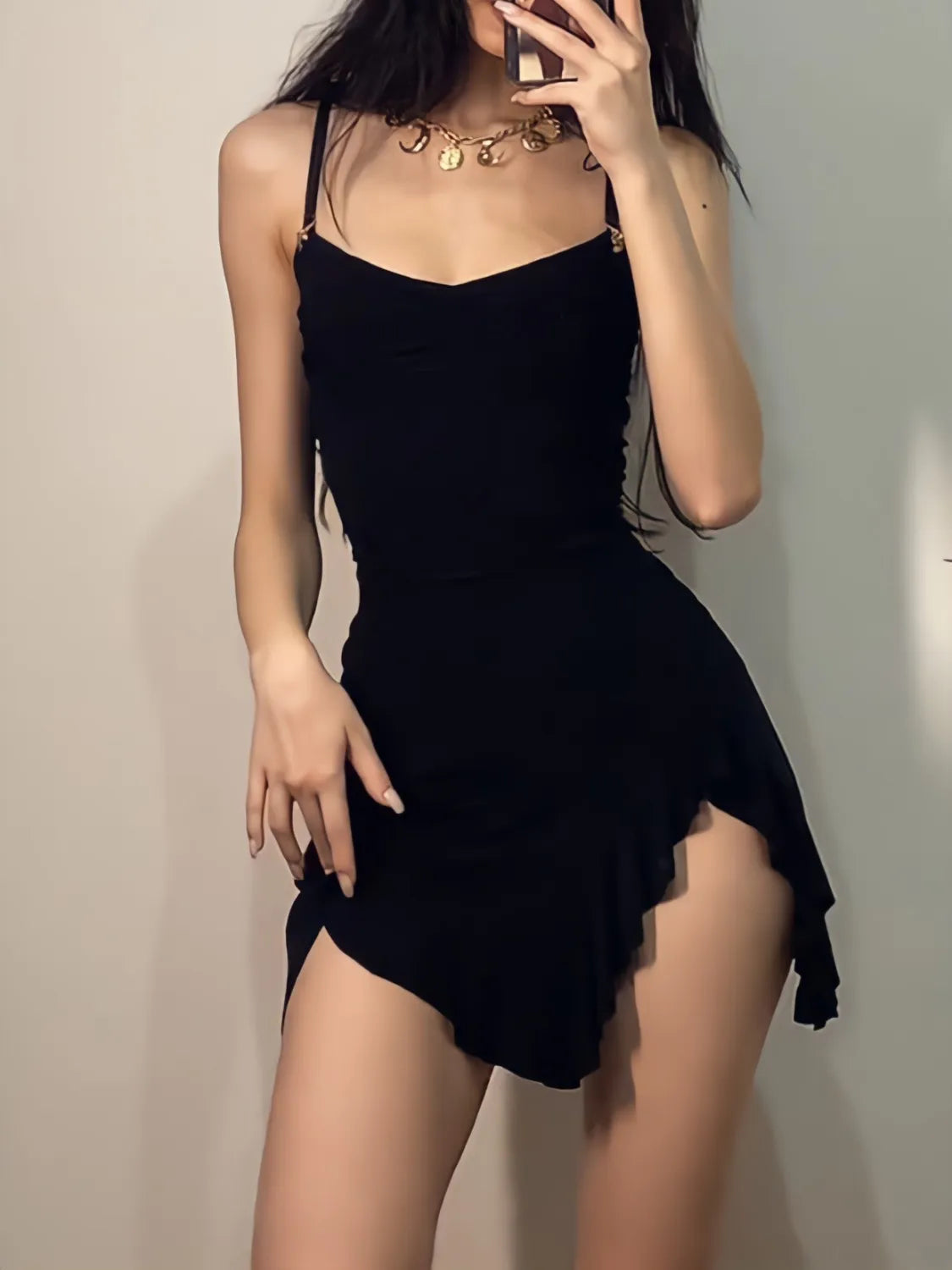 Y2K Ruffled Slit Bodycon Mini Dress - Retro Style Douyin Dress for Summer