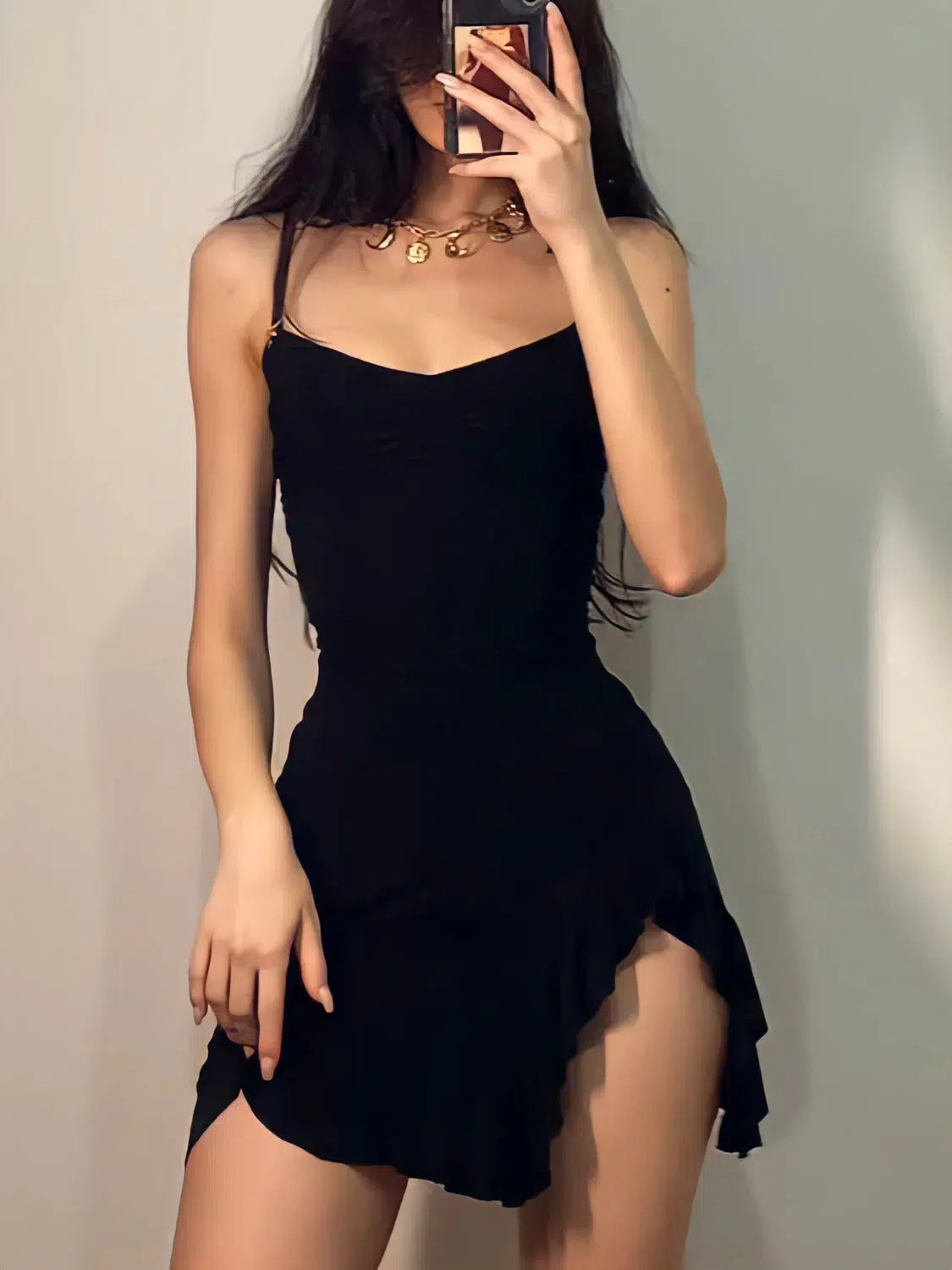 Y2K Ruffled Slit Bodycon Mini Dress - Retro Style Douyin Dress for Summer