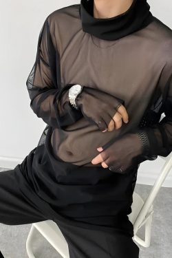 Y2K Sheer Mesh Turtle Neck Top - Retro 90s Grunge Style