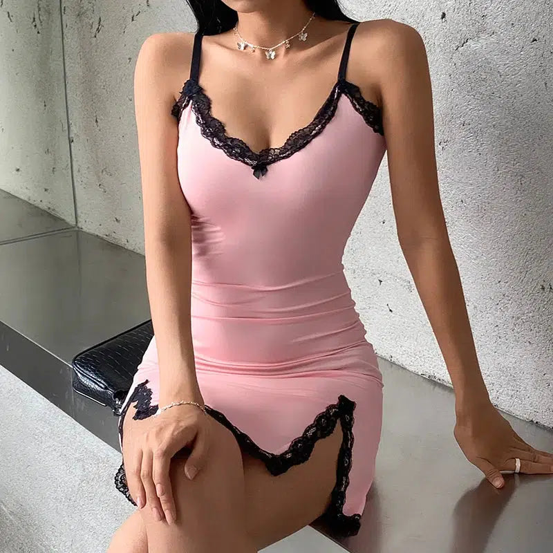 Y2K Soft Girl Slit Mini Dress - Retro 90s Fashion Douyin Style
