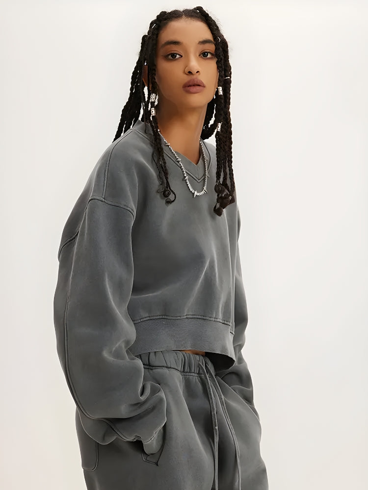 Y2K V-Neck Drop Shoulder Cropped Sweatshirt - Retro 90s Grunge Style