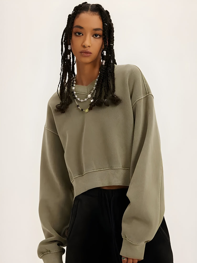 Y2K V-Neck Drop Shoulder Cropped Sweatshirt - Retro 90s Grunge Style