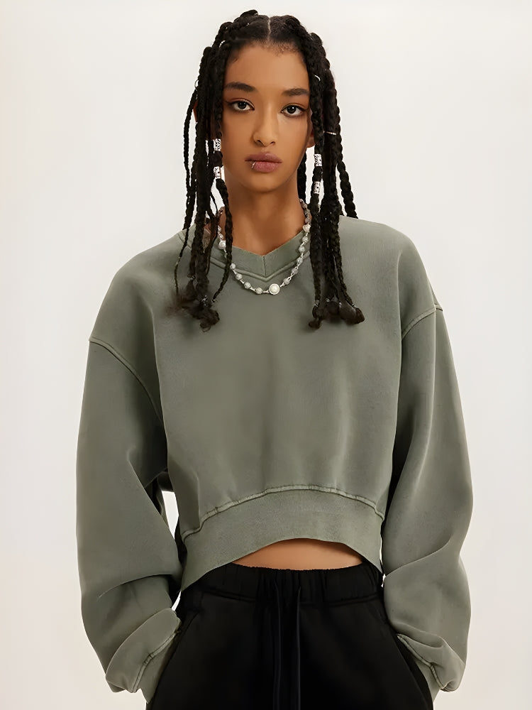 Y2K V-Neck Drop Shoulder Cropped Sweatshirt - Retro 90s Grunge Style