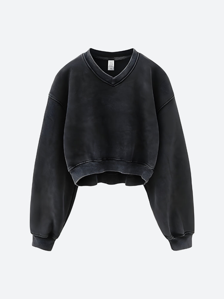Y2K V-Neck Drop Shoulder Cropped Sweatshirt - Retro 90s Grunge Style