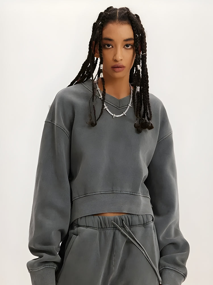 Y2K V-Neck Drop Shoulder Cropped Sweatshirt - Retro 90s Grunge Style