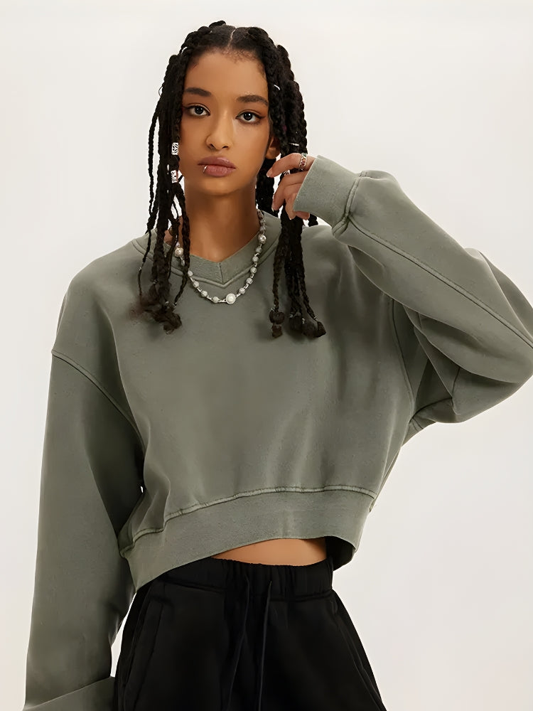 Y2K V-Neck Drop Shoulder Cropped Sweatshirt - Retro 90s Grunge Style