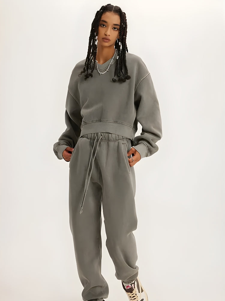Y2K V-Neck Drop Shoulder Cropped Sweatshirt - Retro 90s Grunge Style