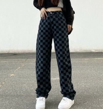 Alaina Checkerboard Denim Wide Leg Pants - Y2K Grunge 90S Fashion Retro Summer Outfit
