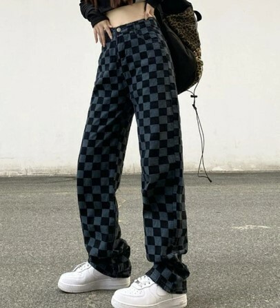 Alaina Checkerboard Denim Wide Leg Pants - Y2K Grunge 90S Fashion Retro Summer Outfit