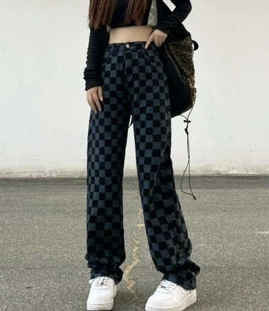 Alaina Checkerboard Denim Wide Leg Pants - Y2K Grunge 90S Fashion Retro Summer Outfit