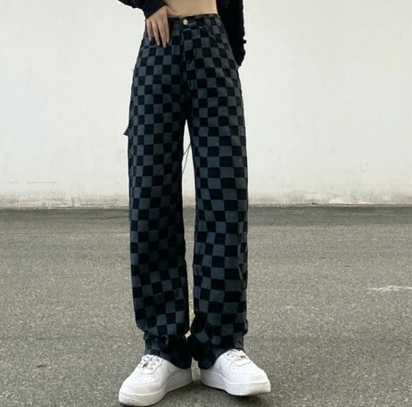Alaina Checkerboard Denim Wide Leg Pants - Y2K Grunge 90S Fashion Retro Summer Outfit