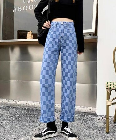Alaina Checkerboard Denim Wide Leg Pants - Y2K Grunge 90S Fashion Retro Summer Outfit