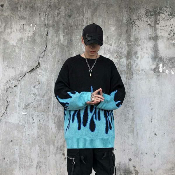 Blue Flame Sweater - Y2K Summer Grunge, 90S Retro Style, Y2K Club & Party Outfits