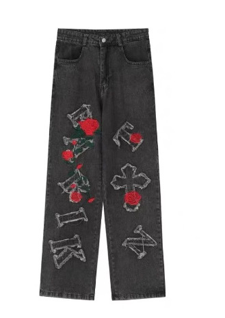 Chloe Embroidered Loose Pants - Y2K Summer Grunge, 90S Retro, Pastel Goth, Y2K Club Outfits