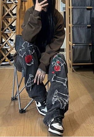 Chloe Embroidered Loose Pants - Y2K Summer Grunge, 90S Retro, Pastel Goth, Y2K Club Outfits