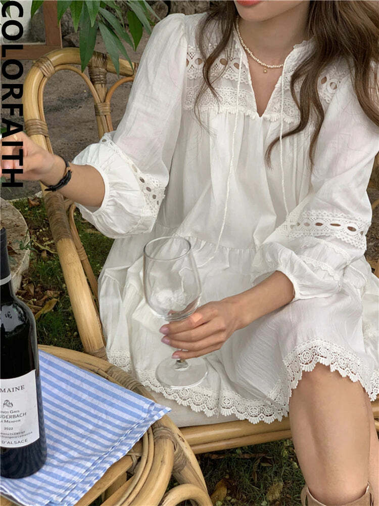 Colorfaith Dr9976 Y2K Grunge Cutout Lace High Waist Mini Dress With Belt - 90S Summer Fashion