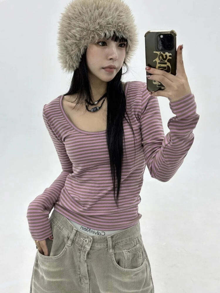 Deeptown Vintage Y2K Striped Crop Tops - 90S Grunge Aesthetic Long Sleeve Casual Tees