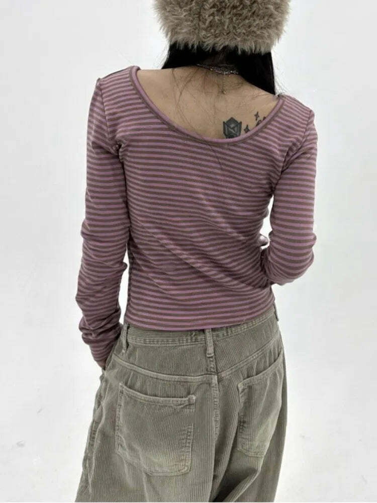 Deeptown Vintage Y2K Striped Crop Tops - 90S Grunge Aesthetic Long Sleeve Casual Tees