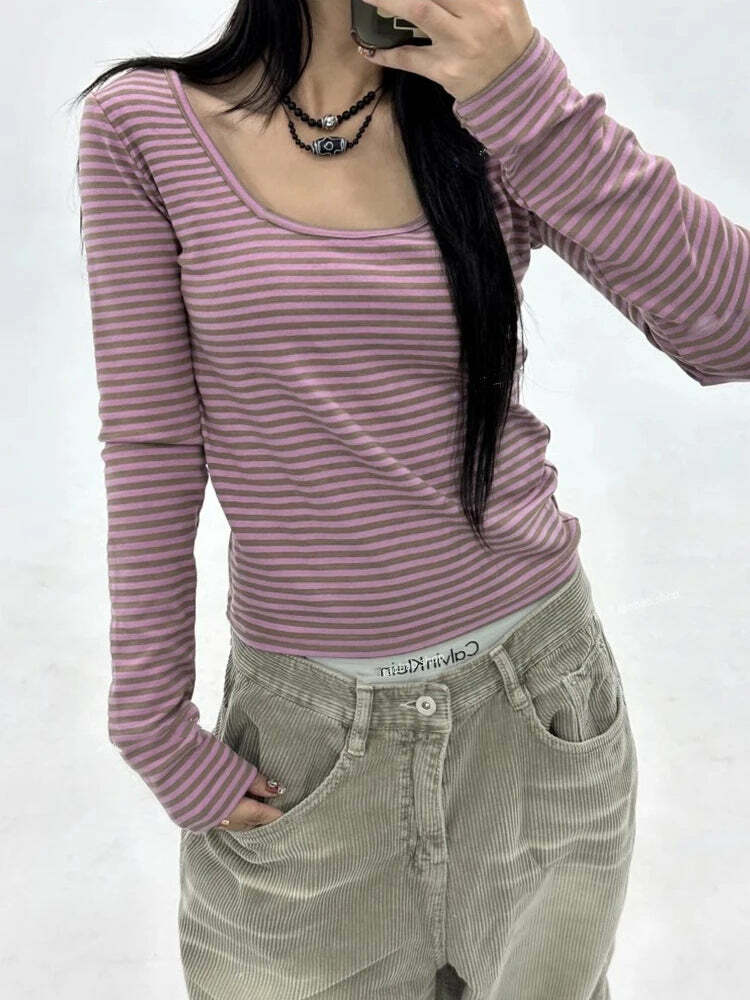 Deeptown Vintage Y2K Striped Crop Tops - 90S Grunge Aesthetic Long Sleeve Casual Tees