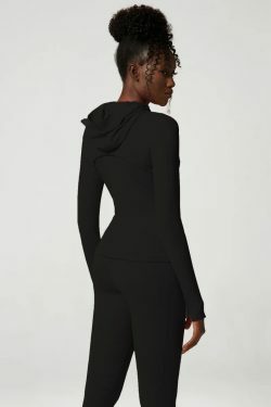 Doina Black Hooded Long Sleeve Sports Top - Y2K Grunge, 90S Fashion, Retro Summer Outfit