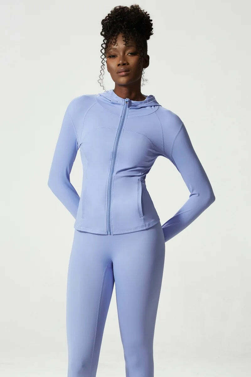 Doina Blue Hooded Long Sleeve Sports Top - Y2K Summer, 90S Fashion, Grunge, Retro Style