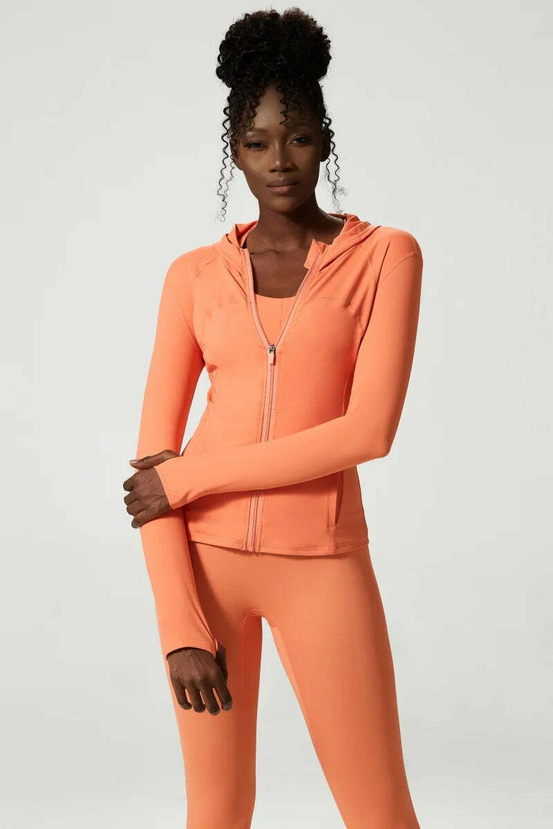 Doina Orange Hooded Long Sleeve Sports Top - Y2K Summer, 90S Fashion, Grunge, Retro Style