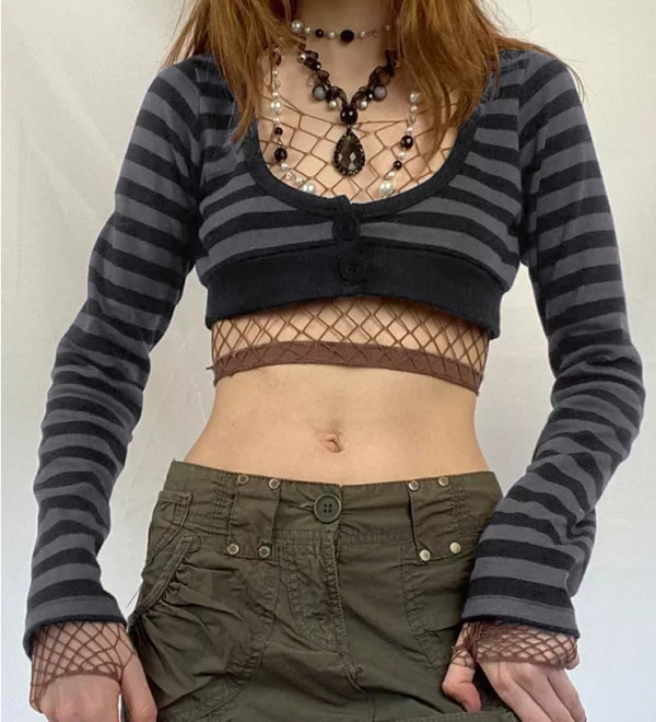 Eleanor Striped Long Sleeve Crop Top - Y2K Fashion, 90S Grunge, Retro Summer Outfit