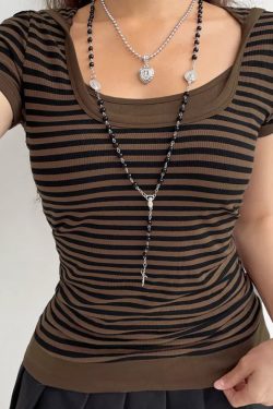 Ellie Striped Brown And Black Short Sleeves - Y2K Summer Grunge 90S Fashion Retro Outfit