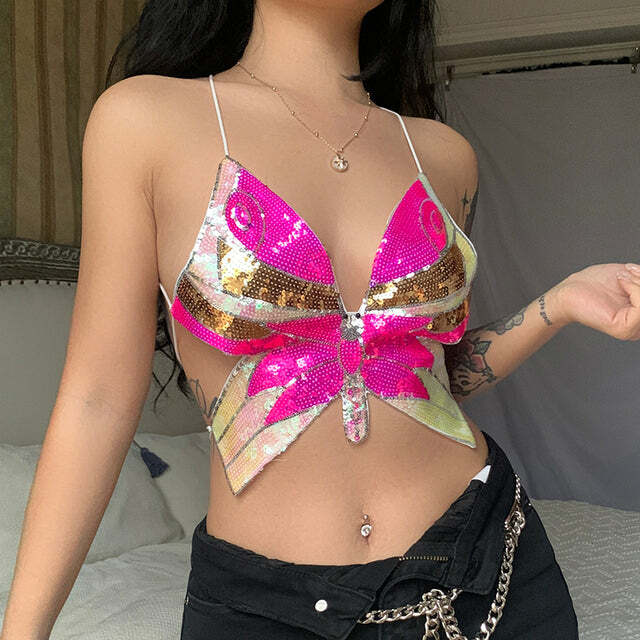 Halsey Butterfly Sequin Top - Y2K Summer, 90S Fashion, Grunge, Retro, Party & Club Outfits