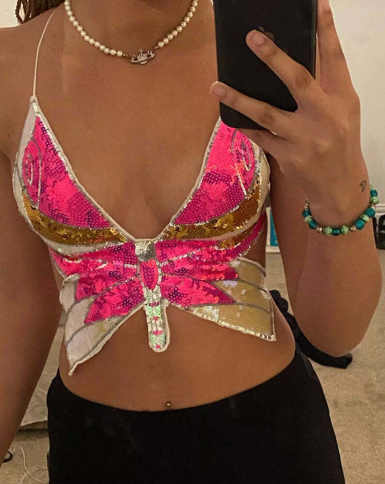 Halsey Butterfly Sequin Top - Y2K Summer, 90S Fashion, Grunge, Retro, Party & Club Outfits