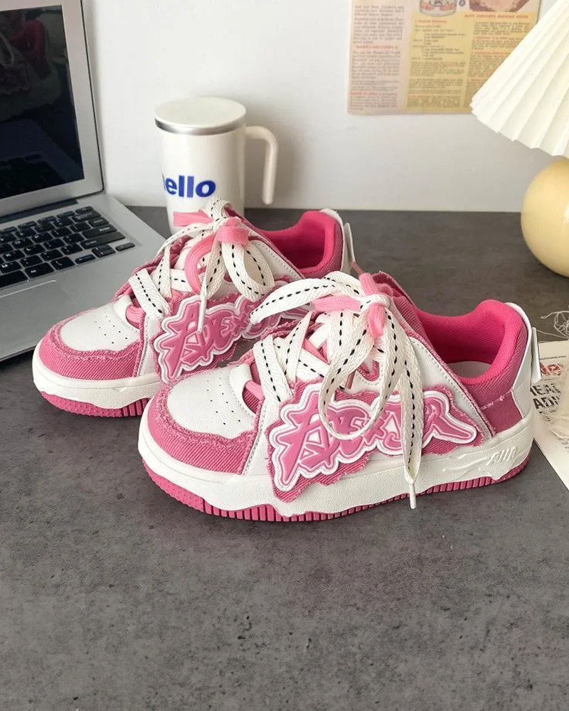 Hot Pink And White Sneakers - Y2K Summer, 90S Grunge, Retro Style, Y2K Party, Y2K Club Out