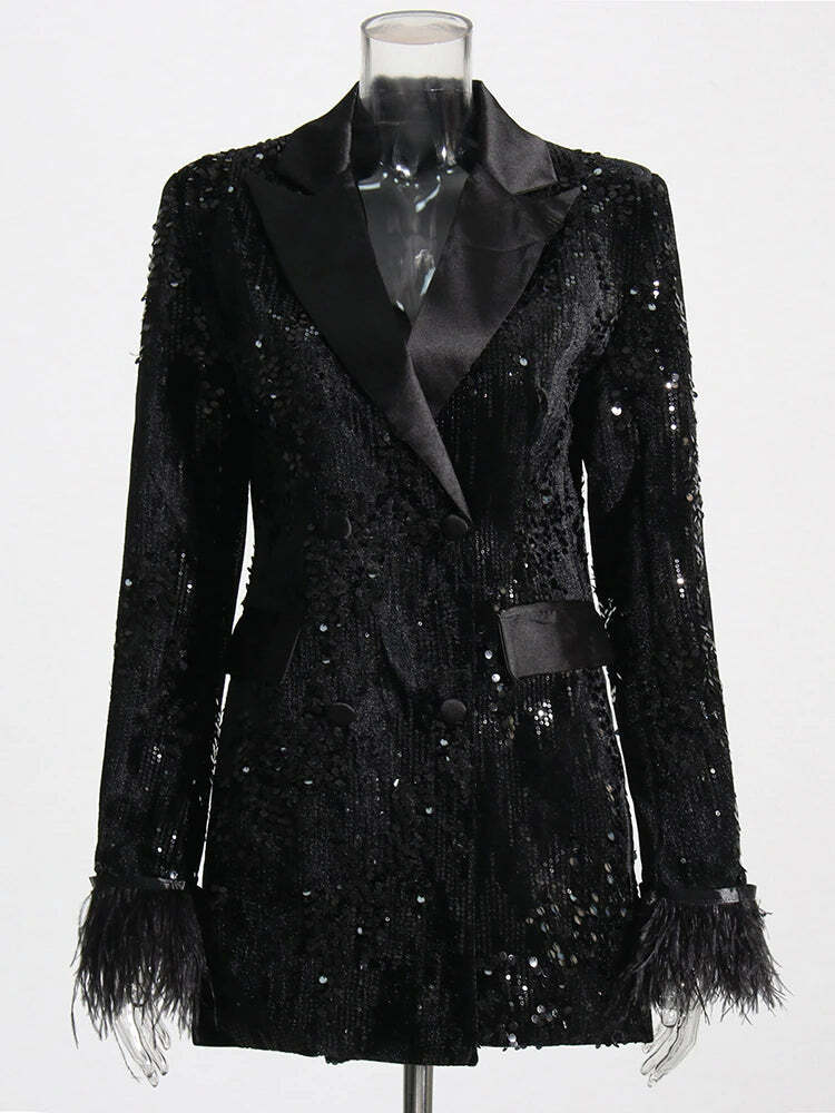 Isadoria Sequin Feather Blazer - Y2K Grunge, 90S Fashion, Retro Party Outfit, Y2K Club Style
