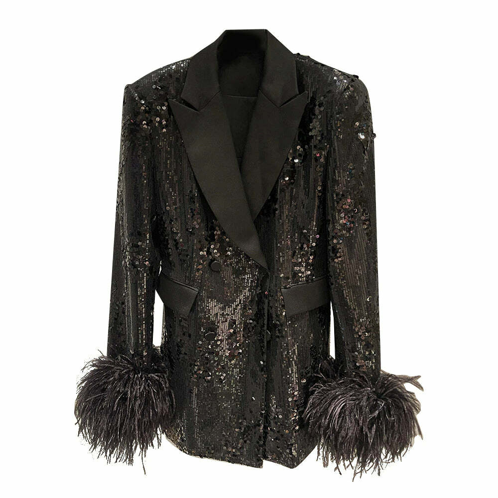 Isadoria Sequin Feather Blazer - Y2K Grunge, 90S Fashion, Retro Party Outfit, Y2K Club Style