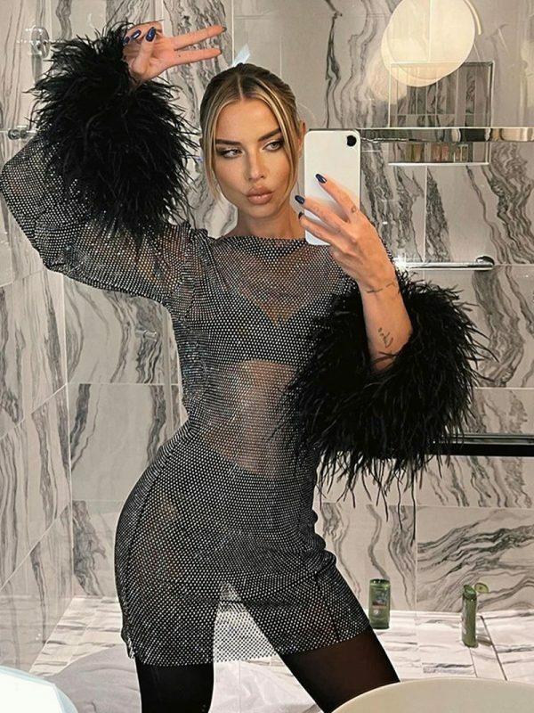 Lucille Sexy Feather Patchwork Long Sleeve Dress - Y2K Grunge, 90S Fashion, Retro Party Outfit