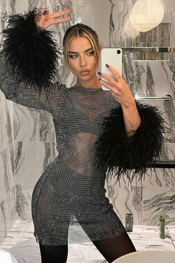 Lucille Sexy Feather Patchwork Long Sleeve Dress - Y2K Grunge, 90S Fashion, Retro Party Outfit