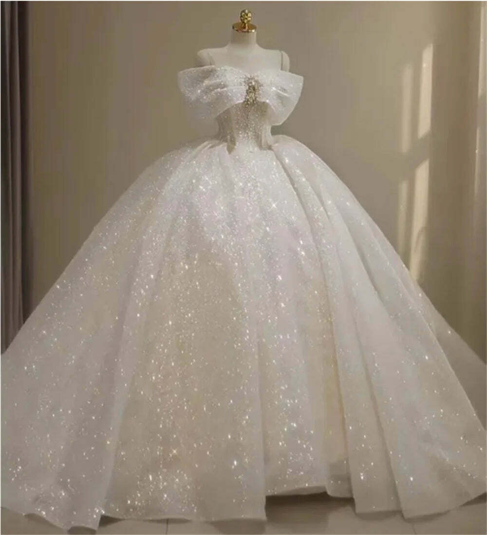 Luxury Y2K Off-Shoulder Beaded Crystal Princess Ball Gown - Retro 90S Grunge Wedding Dress