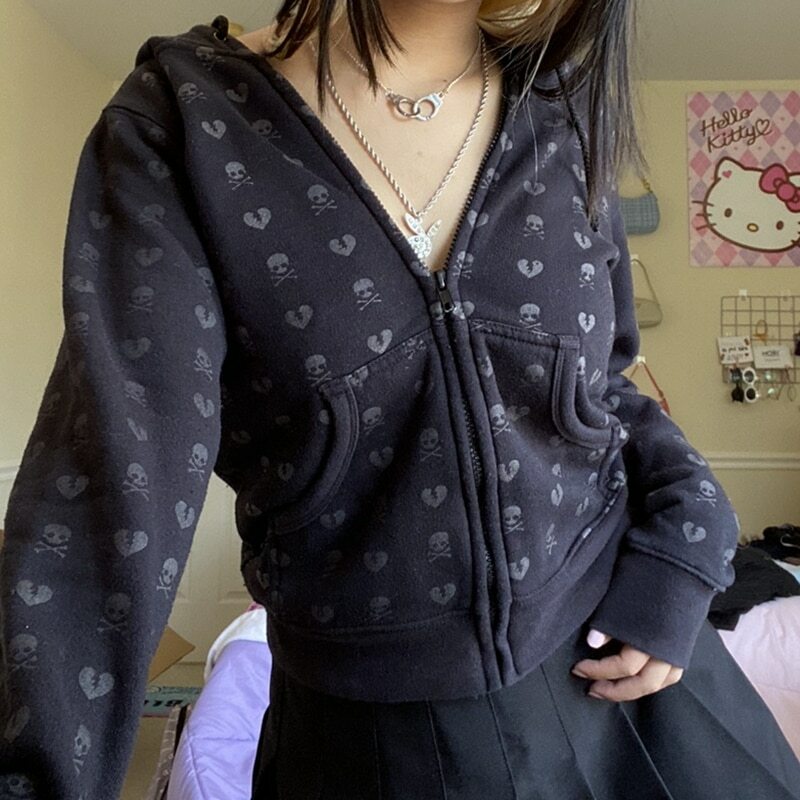 Maeve Skull And Heart Hoodie - Y2K Grunge, 90S Fashion, Retro Style, Gothic Y2K, Summer Outfits