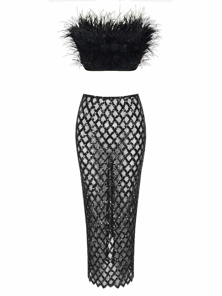 Monaco Feather Set Black - Y2K Summer Grunge Outfit, 90S Retro Fashion, Gothic Y2K Style