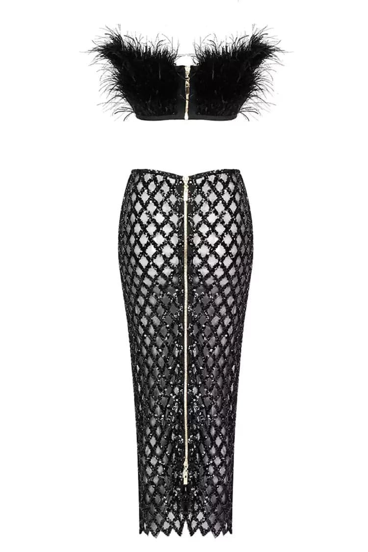 Monaco Feather Set Black - Y2K Summer Grunge Outfit, 90S Retro Fashion, Gothic Y2K Style