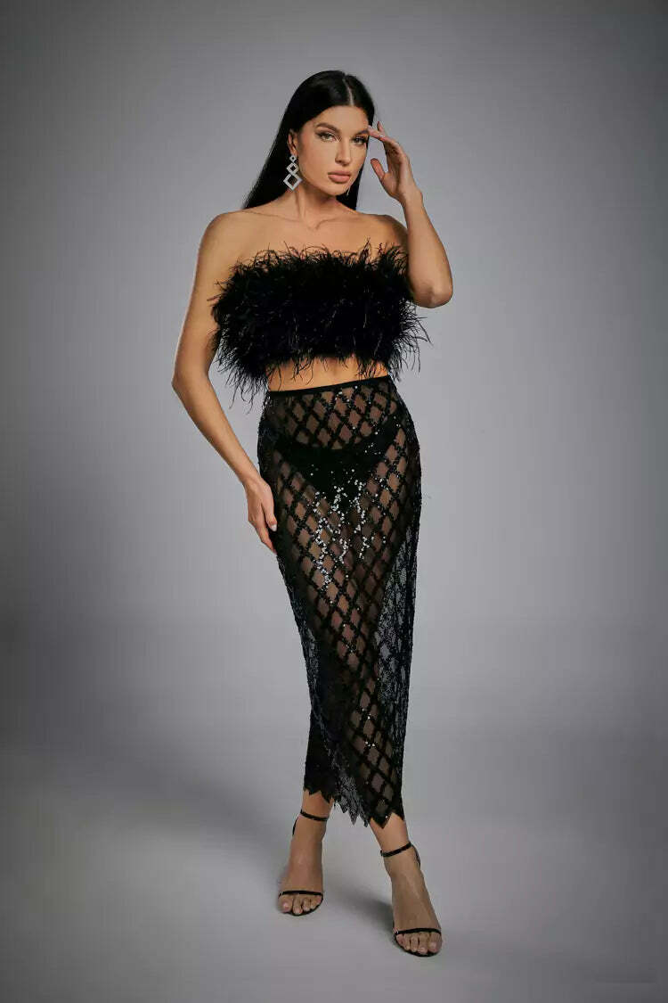Monaco Feather Set Black - Y2K Summer Grunge Outfit, 90S Retro Fashion, Gothic Y2K Style