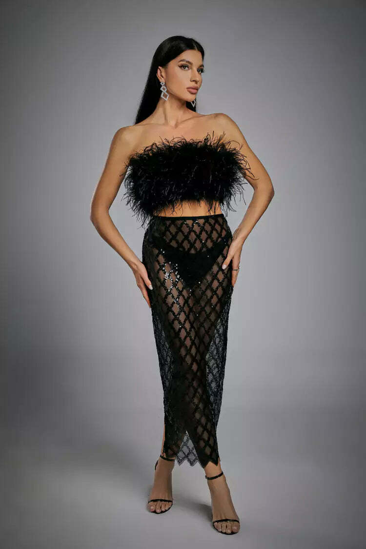 Monaco Feather Set Black - Y2K Summer Grunge Outfit, 90S Retro Fashion, Gothic Y2K Style