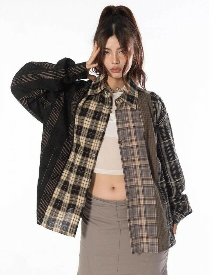 Piper Patchwork Long-Sleeve Shirt - Y2K Grunge, 90S Fashion, Retro Style, Summer Y2K Outfits