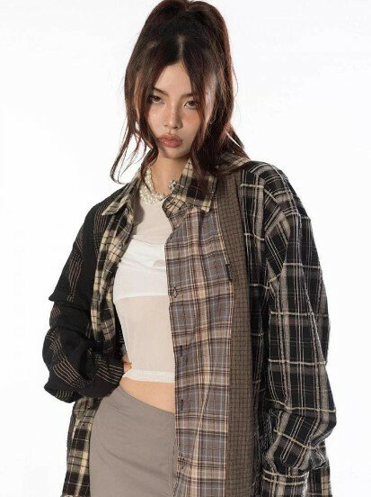 Piper Patchwork Long-Sleeve Shirt - Y2K Grunge, 90S Fashion, Retro Style, Summer Y2K Outfits