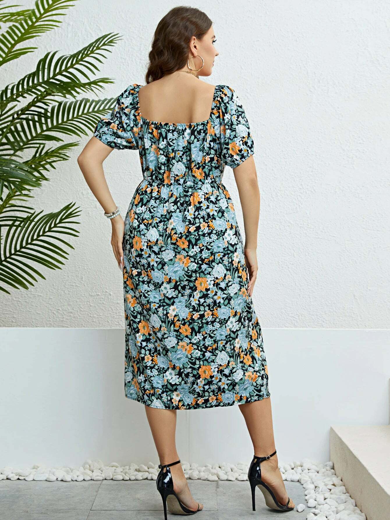 Plus Size Floral Print Puff Sleeve Midi Dress - Y2K Summer Boho Holiday Grunge Outfit