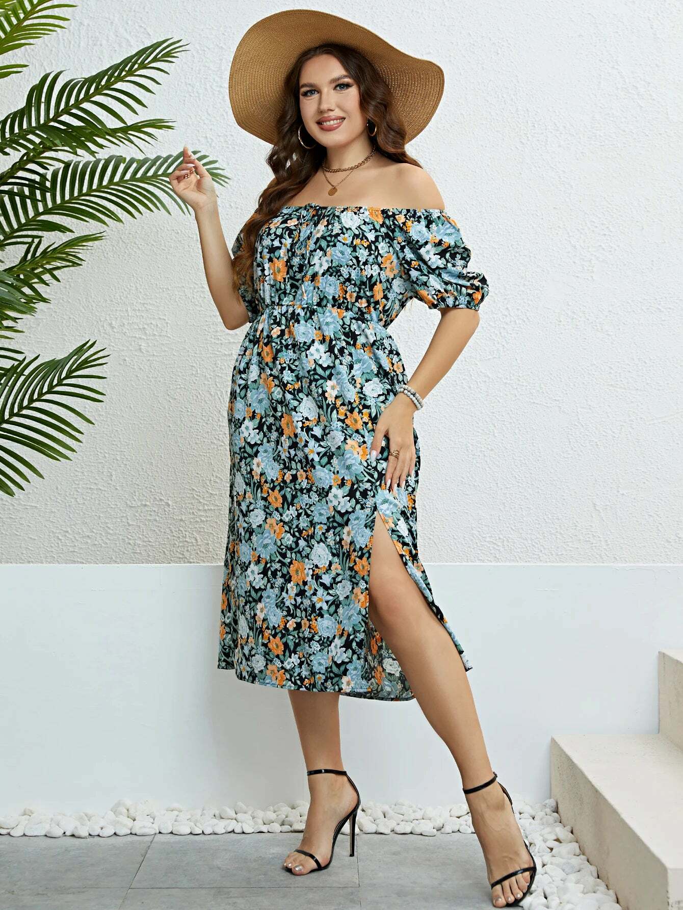 Plus Size Floral Print Puff Sleeve Midi Dress - Y2K Summer Boho Holiday Grunge Outfit